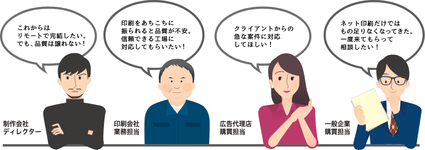 これからはリモートで完結したい。でも、品質は譲れない！印刷をあちこちに振られると品質が不安。信頼できる工場に対応してもらいたい！クライアントからの急な案件に対応してほしい！ネット印刷だけではもの足りなくなってきた。一度来てもらって相談したい！