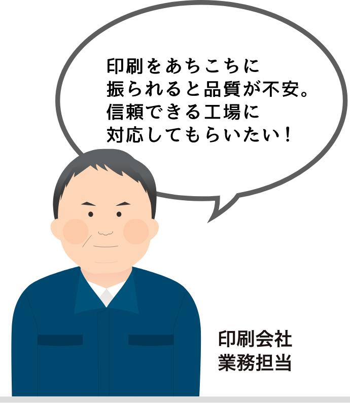 印刷をあちこちに振られると品質が不安。信頼できる工場に対応してもらいたい！